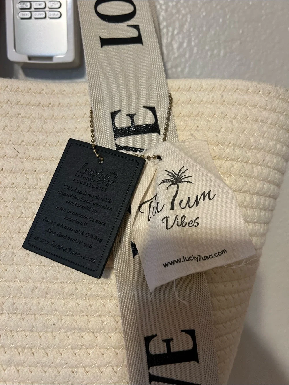 The Yum Vibes Cream Woven Tote with LOVE Shoulder Straps